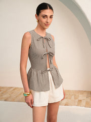 Gingham Tie-Front Peplum Top