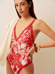 Tropical Print V-Neck One-Piece Swimsuit