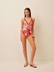 Tropical Print V-Neck One-Piece Swimsuit