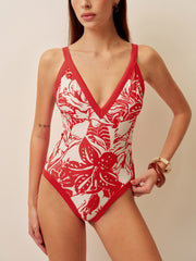 Tropical Print V-Neck One-Piece Swimsuit