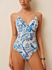 Bird Print V-Neck One-Piece Swimsuit