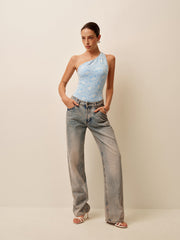 Asymmetrical Lace Cutout Back One-Piece