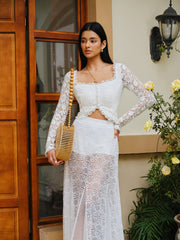 Semi-Sheer Lace Ruffled Trim Buttoned Crop Top