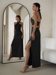 Crisscross Cutout Halter Split Knit  Long Dress