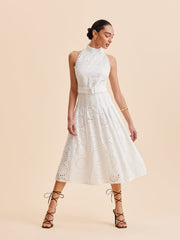 Lace Eyelet Belted A-Line Dress