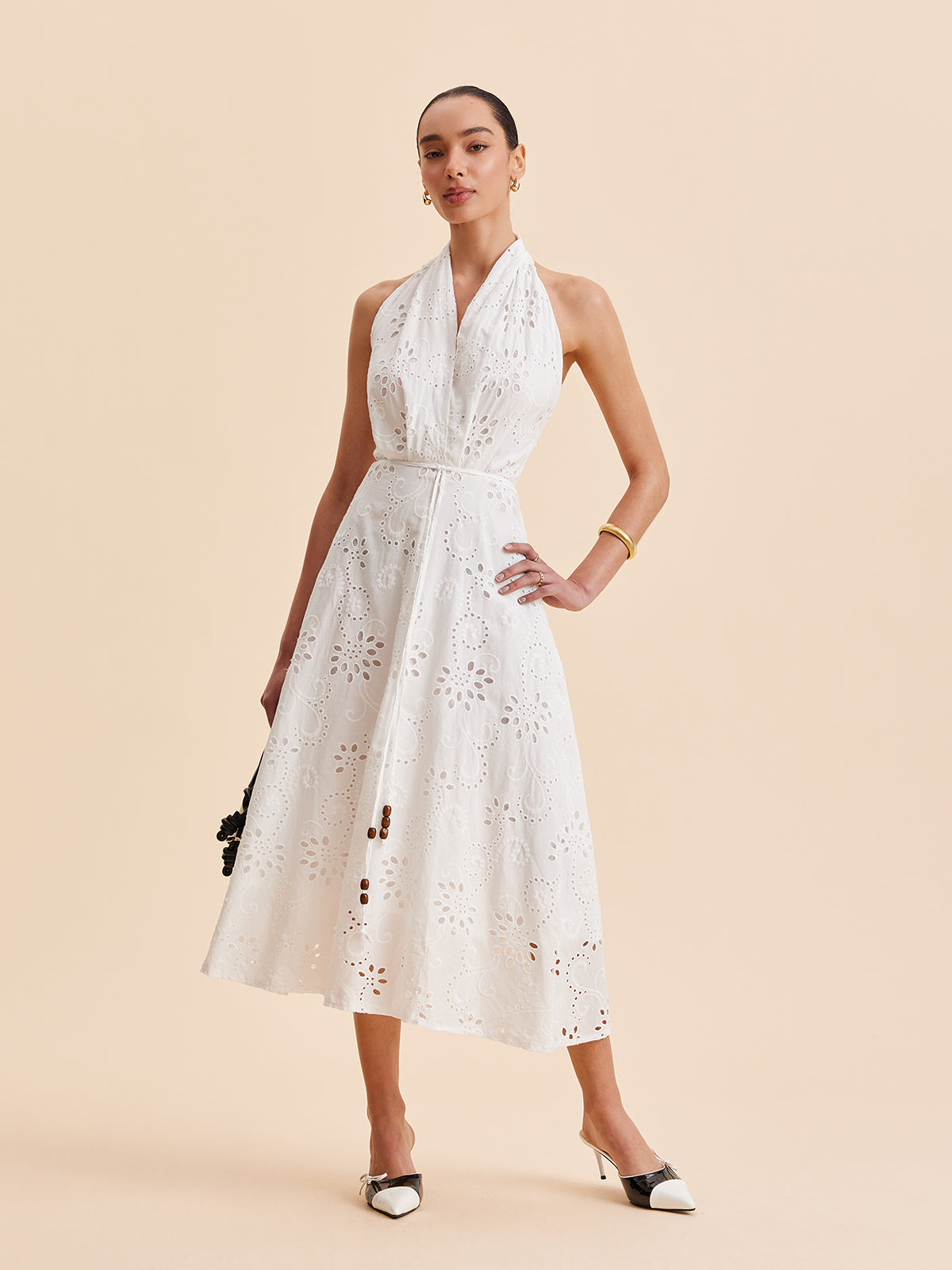 Halter Neck Eyelet Belted Midi Dress