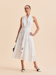 Halter Neck Eyelet Belted Midi Dress