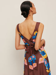 V-Back Bow Detail Printed Dress