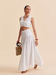 Ruched Crop Top With Buttoned Skirt Set
