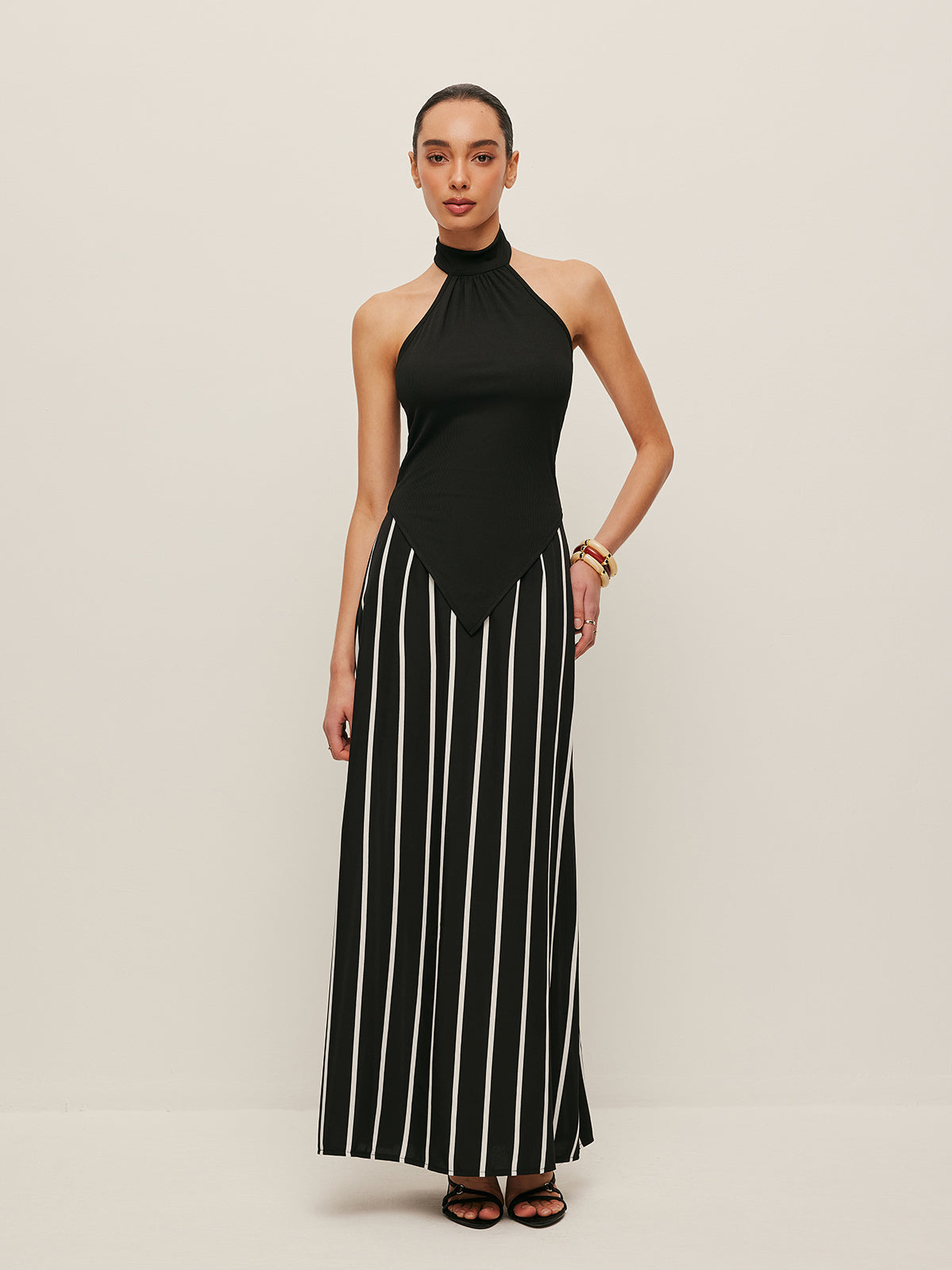 High Neck Asymmetric Panel Stripe Skirt Set