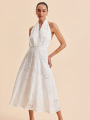 Halter Neck Eyelet Belted Midi Dress