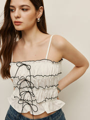 Ruched Contrast Trim Lace-Up Cami