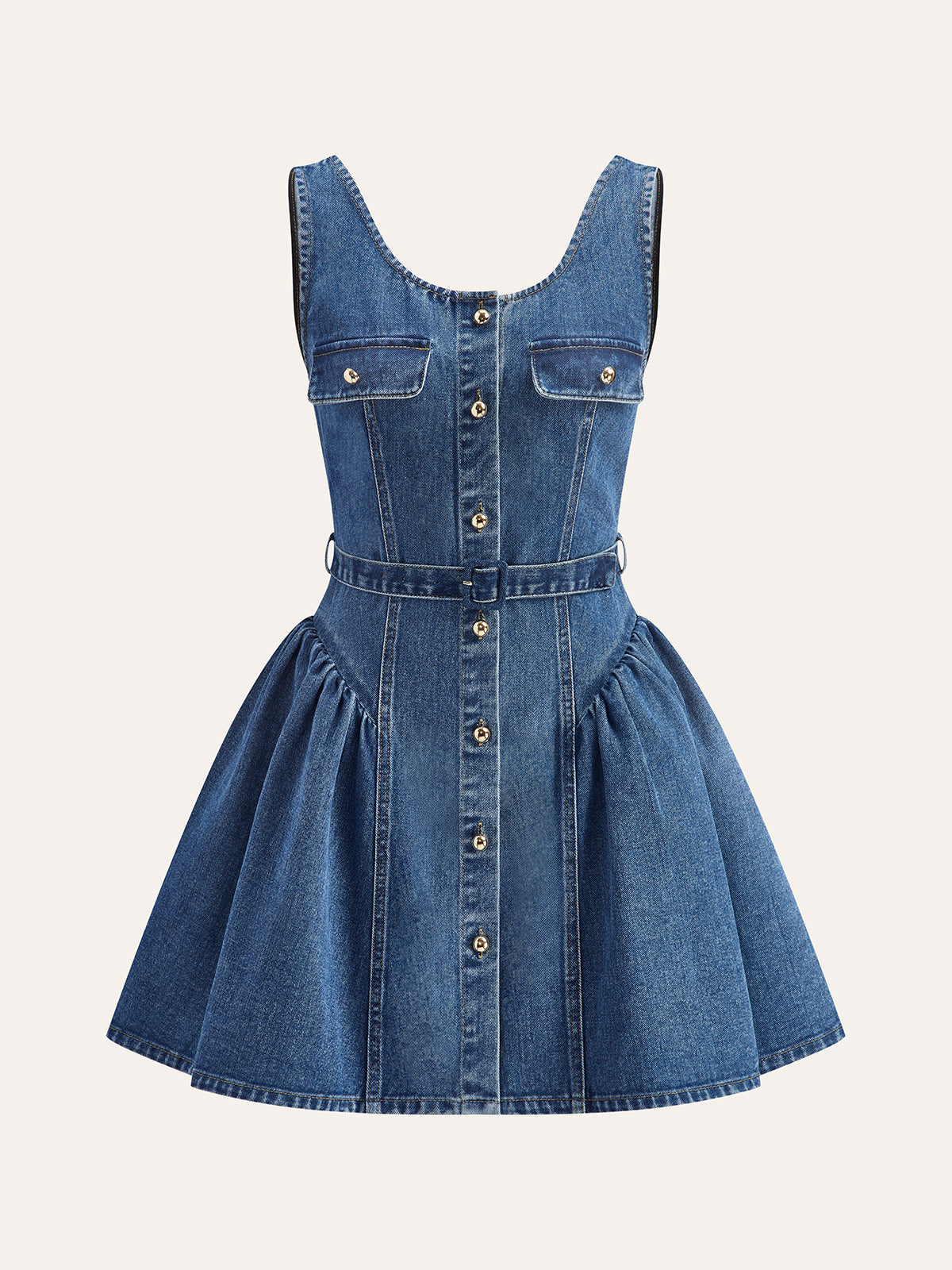 Denim Belted Button-Front Pleated Dress