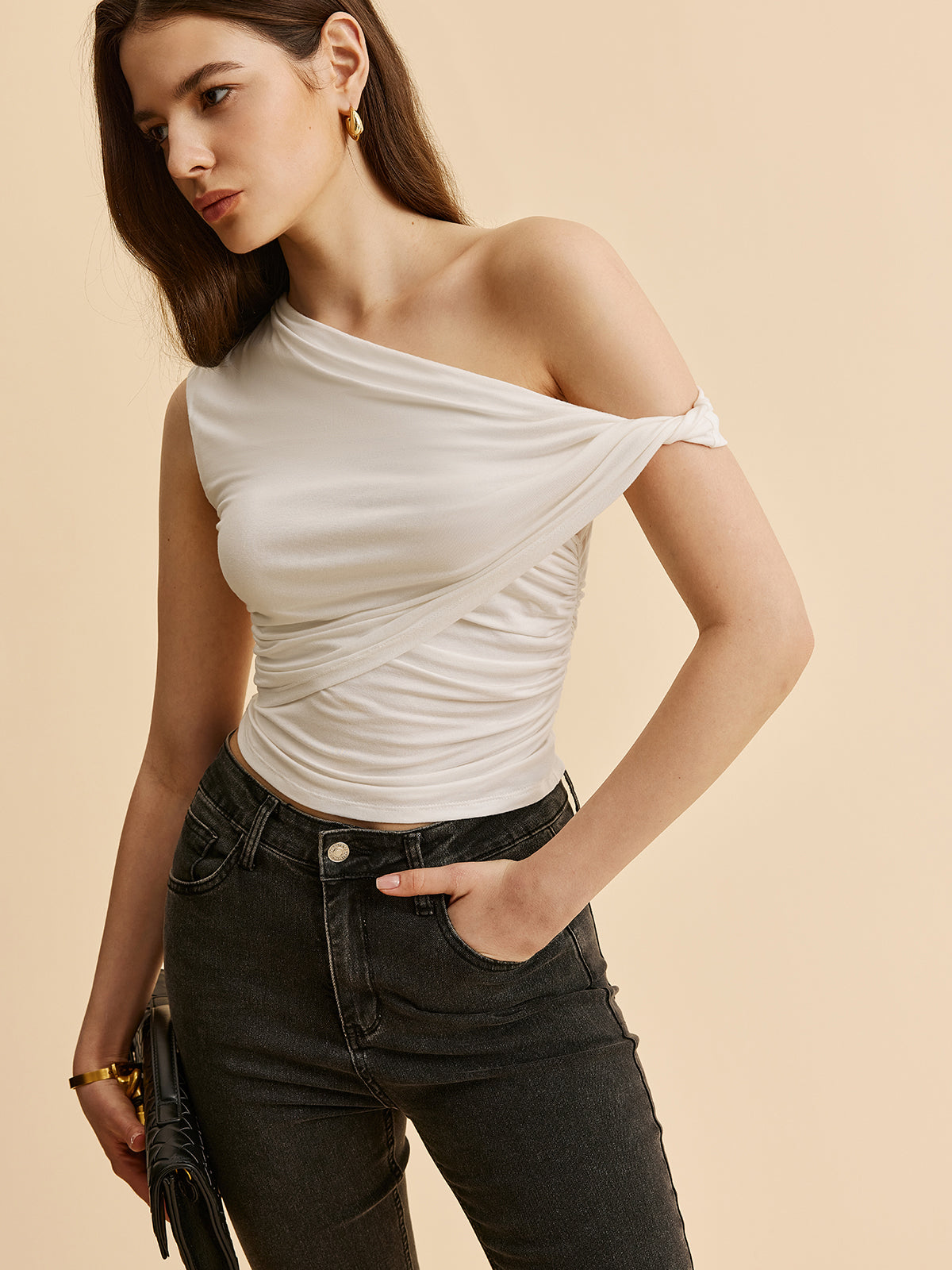 Asymmetrical Ruched One-Shoulder Top