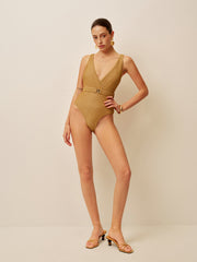 Belted V-Neck One-Piece Swimsuit