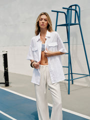 Semi-Sheer Cotton Button Collar Shirt With Belt