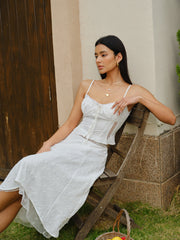 Embroidered Lace-Up Crop Top With Skirt Set