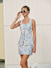 Jacquard Square-Neck Decor-Pockets Skirt Set