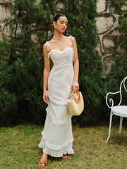 Lace-Up Tie Strap Ruffled Slit Dress