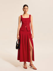 Cotton & Linen Pleated Slit Skirt