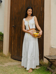 Lace Trim Tie-Front Crop Top With Skirt Set