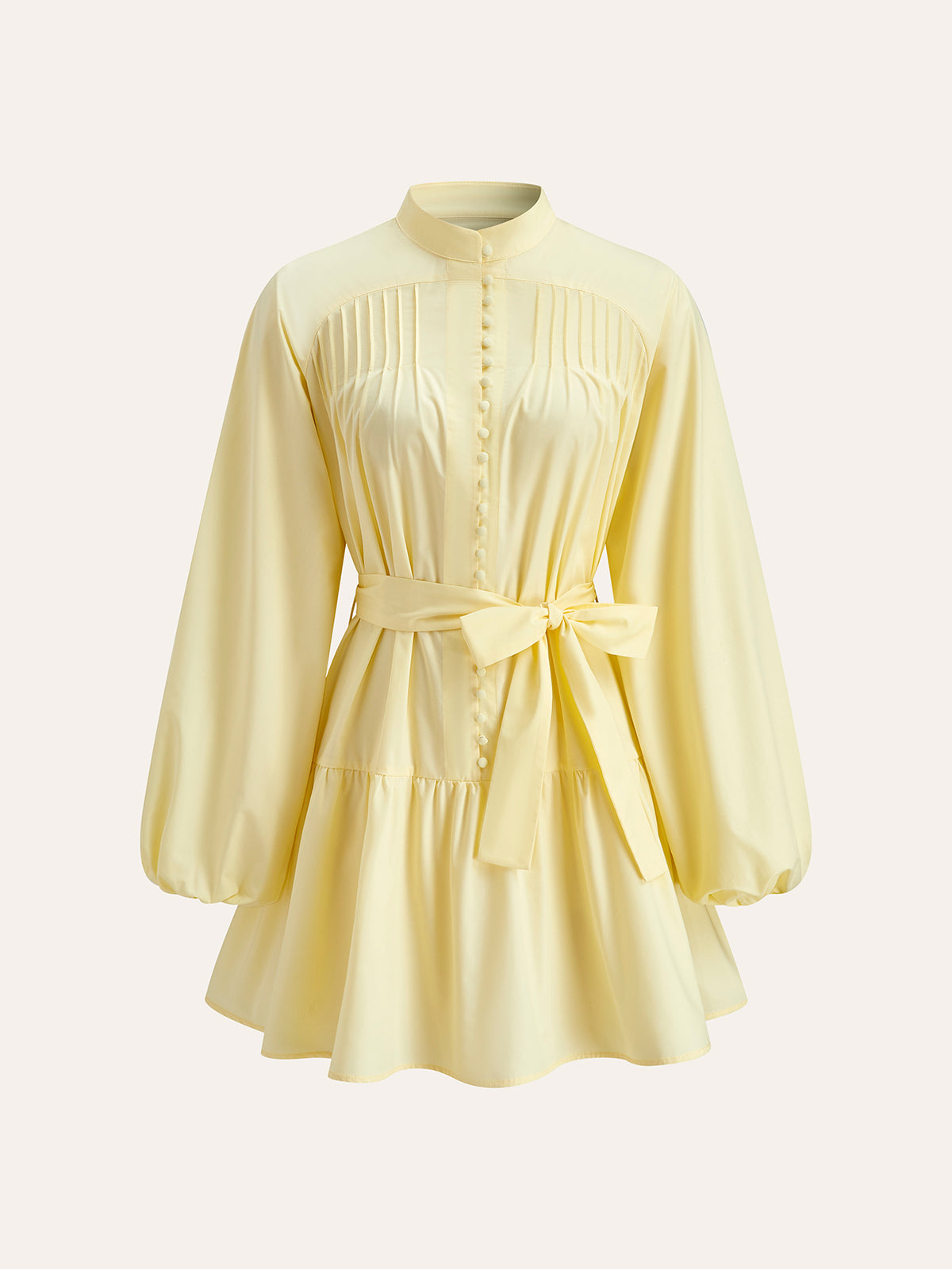 Buttoned Lantern Sleeve Belted Dress