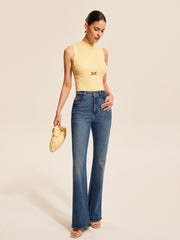 Ribbed Mock-Neck Top With Waist Chain Detail