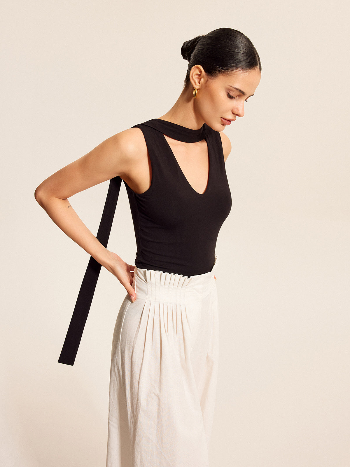 V-Neck Top With Scarf-Style Neck Tie