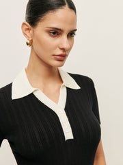 Collared Button Detail Ribbed Knit Top