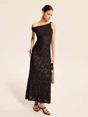 Semi-Sheer Lace One-Shoulder Maxi Dress