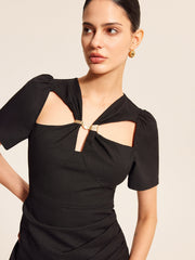 Cotton & Linen Cutout Puff Sleeve Dress