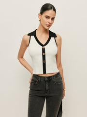 Contrast Trim Collared Buttoned Knit Vest