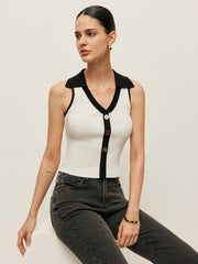 Contrast Trim Collared Buttoned Knit Vest