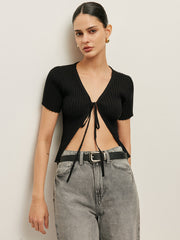 Ribbed Tie Front Short Sleeve Top