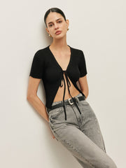 Ribbed Tie Front Short Sleeve Top