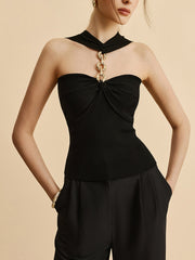 Halter Neck Chain Detail Knit Top