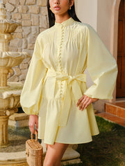 Buttoned Lantern Sleeve Belted Dress