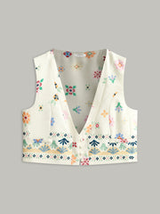 Floral Embroidered Button Detail Vest