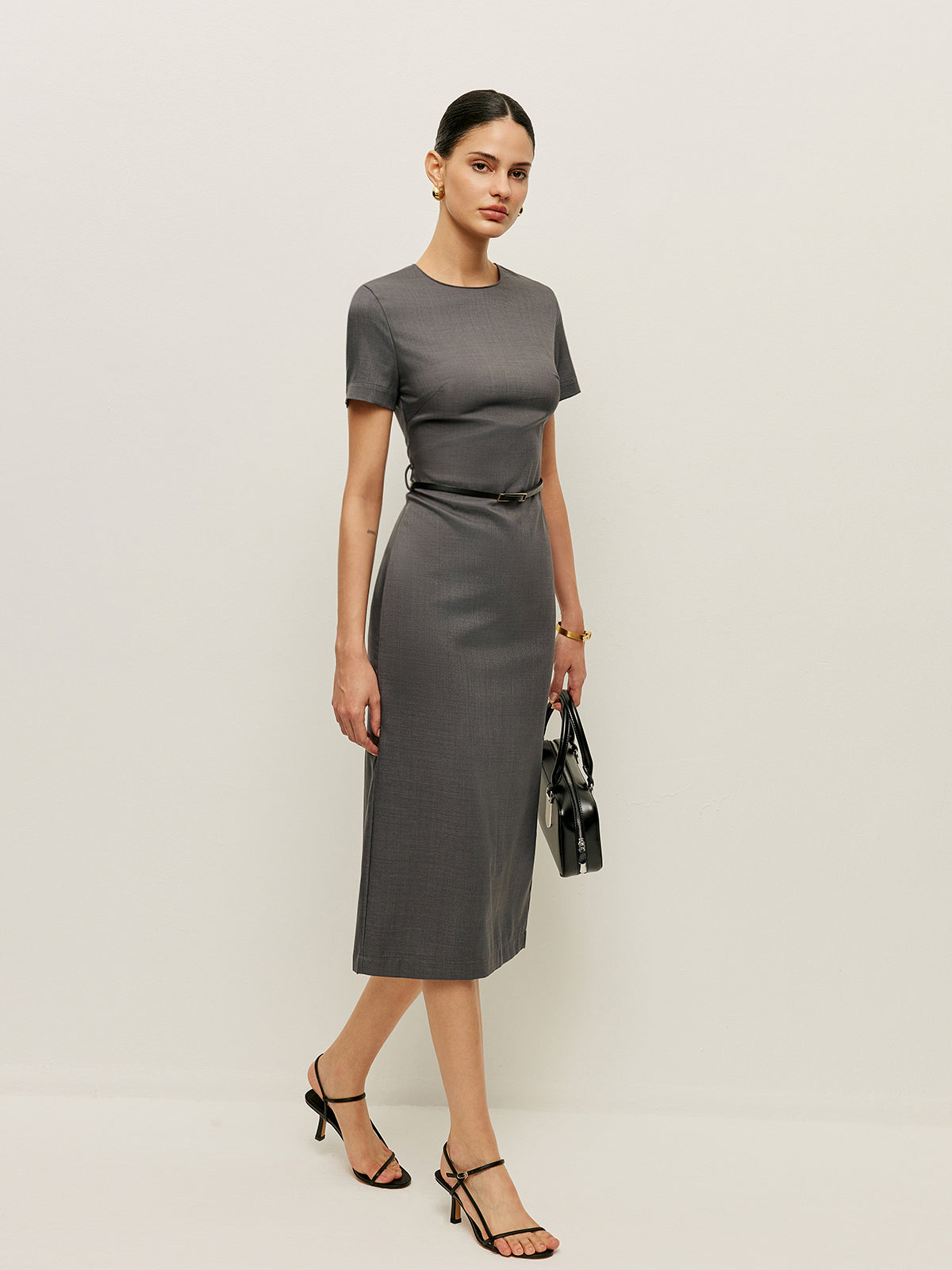 Belted Short Sleeve Pencil Dress