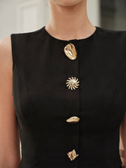 Pockets Ruffled Hem Buttoned Sleeveless Dress