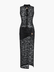 Sheer Lace Keyhole Cut-Out Dress With Ruched Design