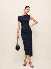 Asymmetrical Neck Metal Waist-Belt Dress