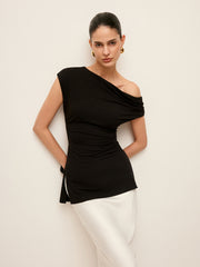 Asymmetrical-Neck Split Blouse