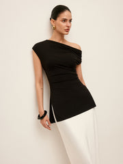 Asymmetrical-Neck Split Blouse