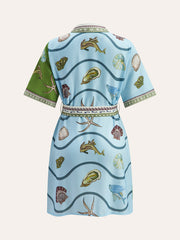 Button-Down Collar Aquatic-Print Shirt With Belt