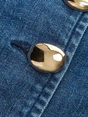 Metal Button Tie-Back Denim V-Neck Shorts Set