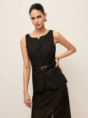 Cotton & Linen Button-Front Vest Without Belt