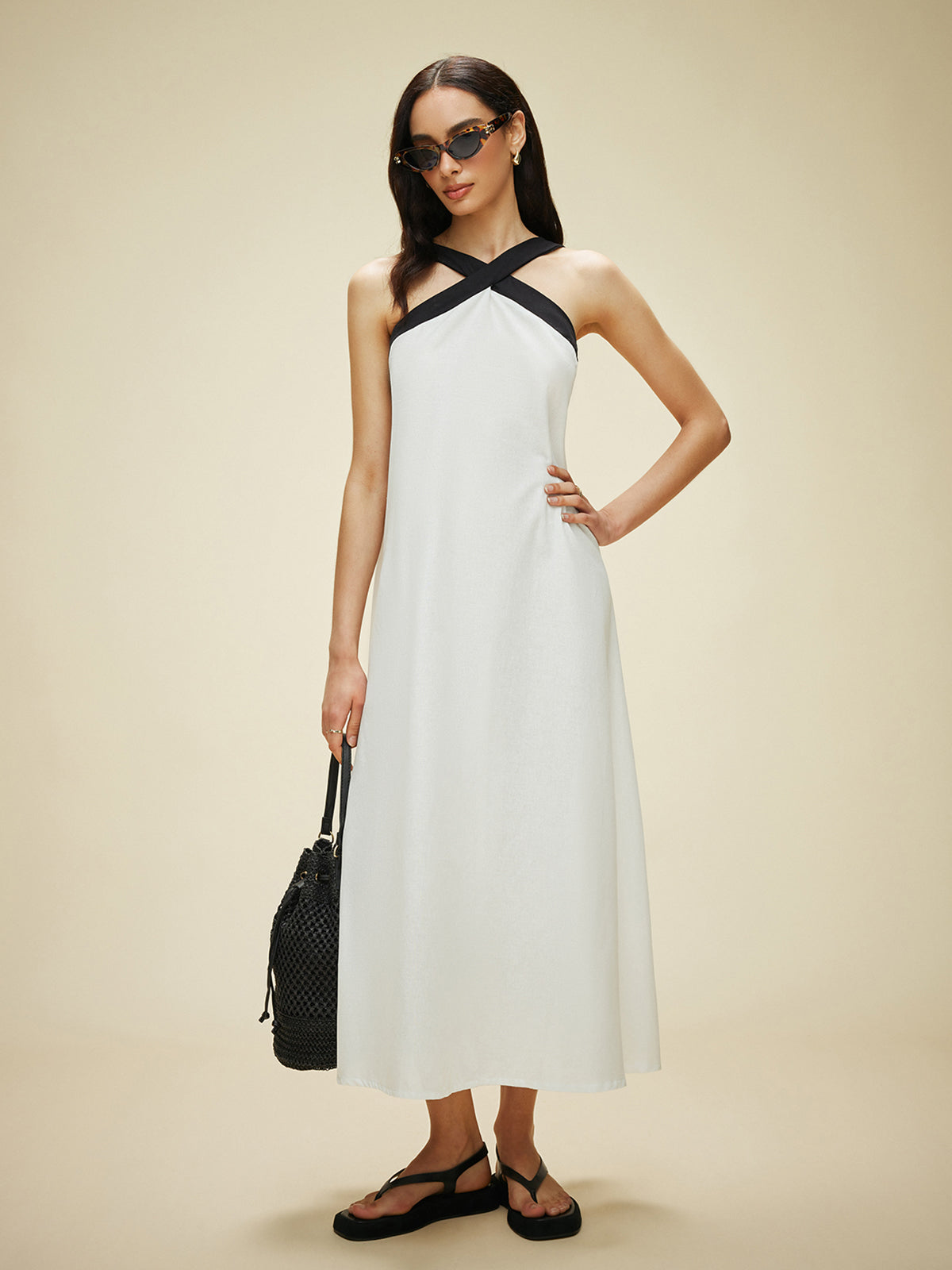 Semi-Sheer Cotton & Linen Backless Halter Dress