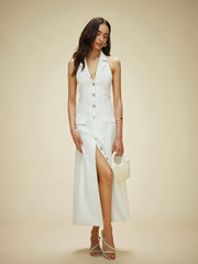 Cotton & Linen Pocket-Detail Halter Neck Tie-Back Dress