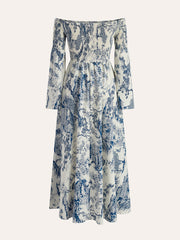 Print Off-Shoulder Smocked Sleeve Dress